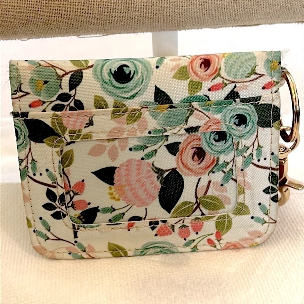 Mary Square ID Wallet with keychain- peach floral NWOT